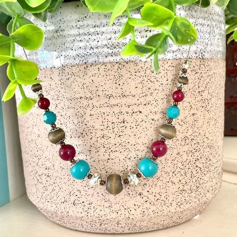 Turquoise wood bead silver Necklace